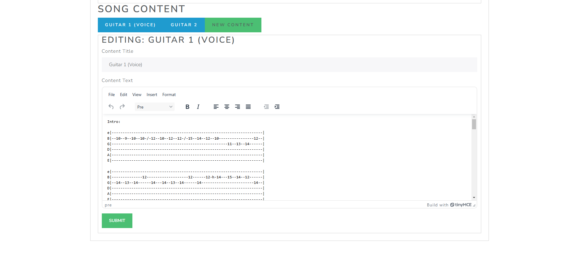 Add/Edit song content form