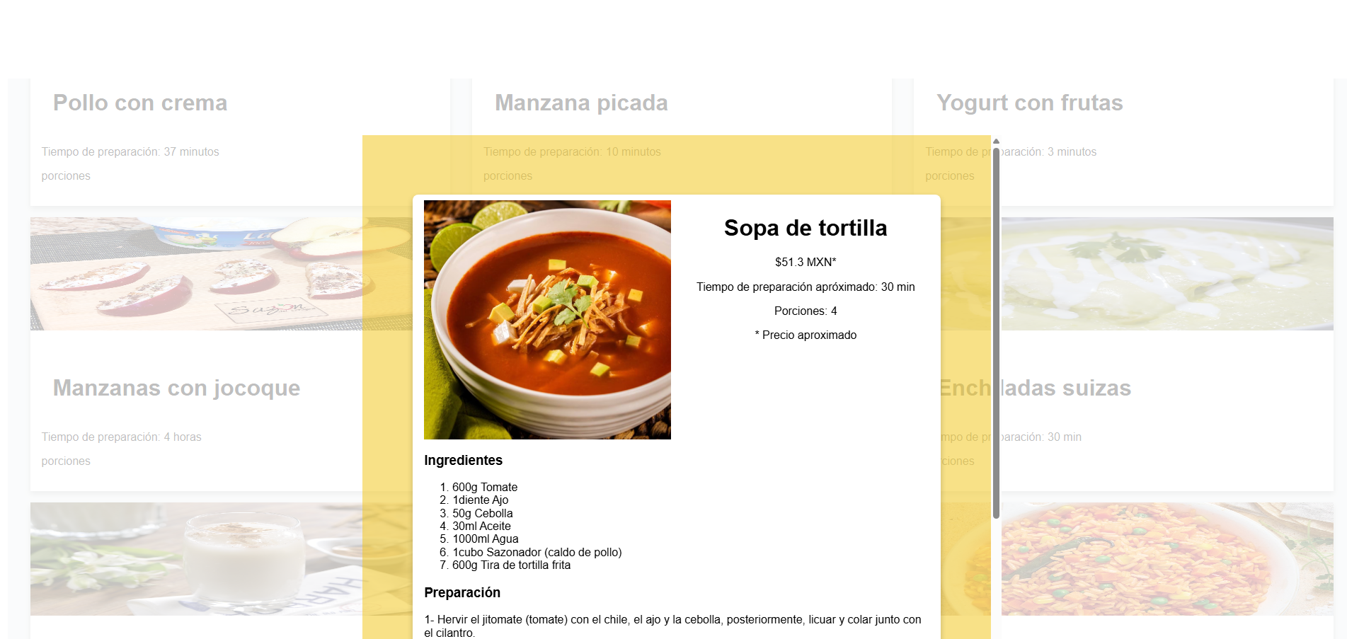 Modal view of the entries